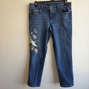 Loft Floral Bird Heron Embroidered Crop Denim Jeans Size 12 Whimsy Maximalist